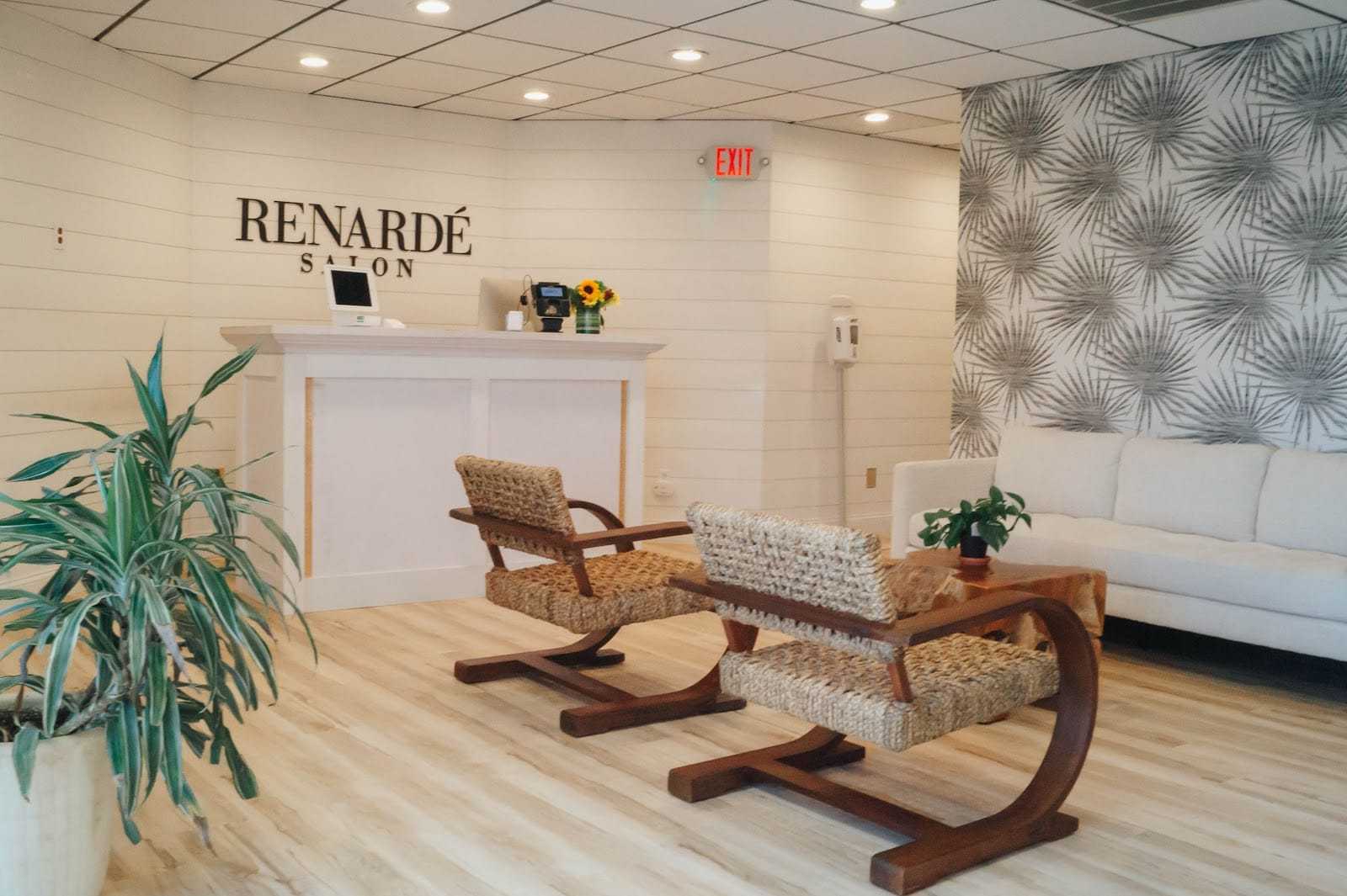 Cozy salon with wooden chairs, potted plants, and modern decor.